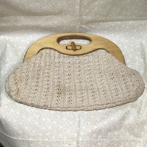 Vintage Cream Crochet Knit Handbag with Wooden Handle Twist Lock Hong Kong